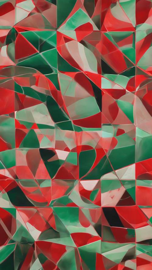 Lukisan modernis dengan bentuk geometris merah dan hijau, sambungannya mulus