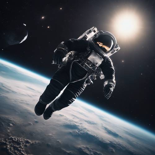 An astronaut in a dark black space suit floating in the vast expanse of space.