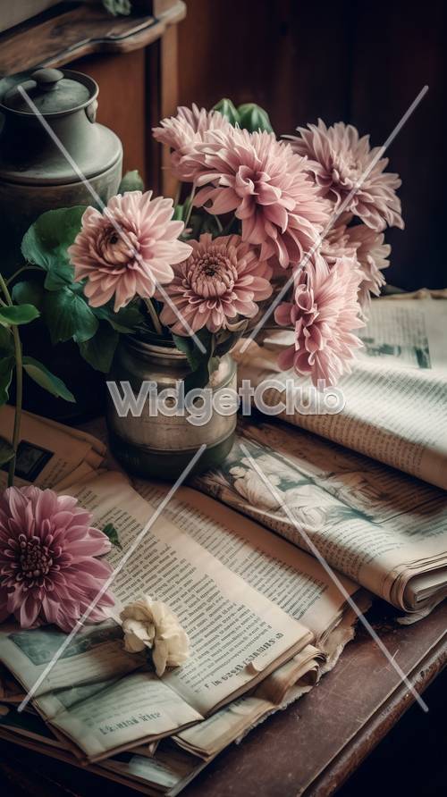 زهور وردية جميلة على كتب عتيقة