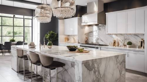 A modern white marble kitchen island with high-end stainless steel appliances