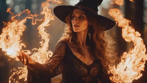 Czarująca wiedźma tańcząca z magicznymi płomieniami swojego zaklęcia.