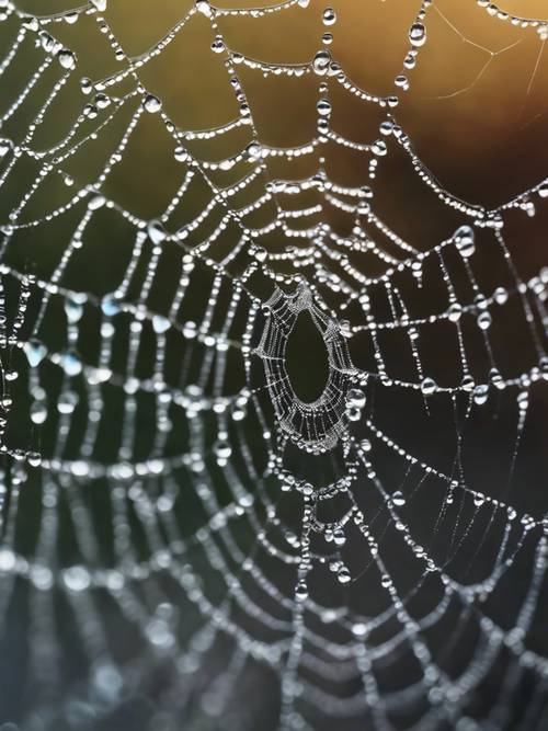 Gotas de rocío sobre una telaraña, cada gota refleja una letra diferente de una cita de anime.