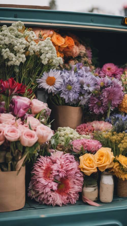 農家市場にある居心地のよい花屋のトラック - 新鮮な花々のぎっしり詰まったトラック、準備される花束、お客さんがお気に入りを選ぶ光景