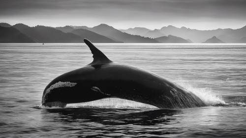 Uma impressão japonesa monocromática de uma baleia majestosa em uma paisagem marítima montanhosa.
