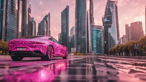 超現代的城市環境，摩天大樓林立，建築呈現出令人驚嘆的粉紅色獵豹印花設計。