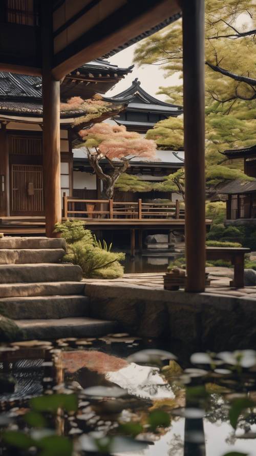 סצנה המתארת ​​את ההרמוניה של אדריכלות יפנית מסורתית וגן זן מטופח להפליא.