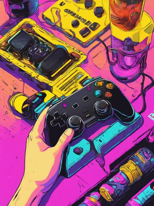 One hand holding a black gaming controller; the gamer's other hand gripping a bold yellow energy drink.