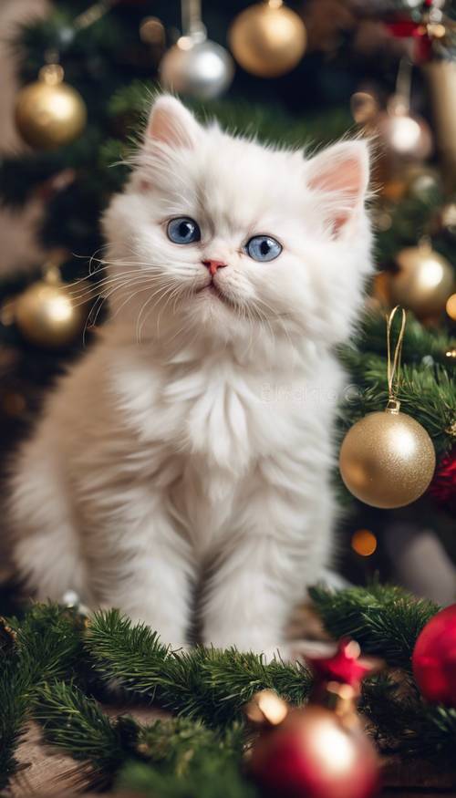 Un gattino persiano bianco malizioso sotto un albero di Natale, che gioca con gli ornamenti.