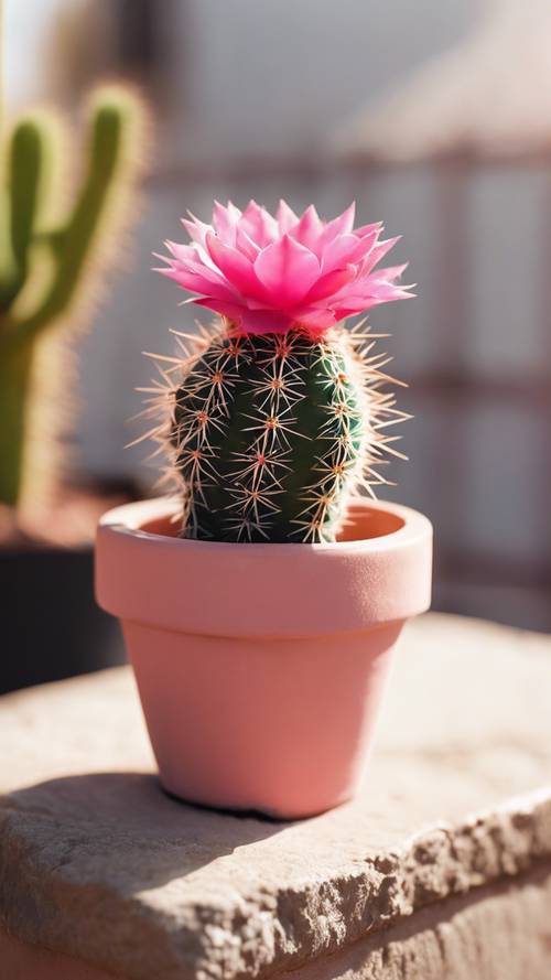 A bright pink cactus in a cute, small terra-cotta pot on a sunny day.