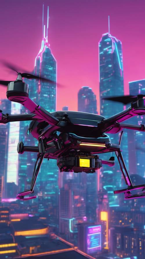 Un drone nero opaco che consegna un pacco sullo sfondo di grattacieli illuminati da lampade a vapori di sodio.
