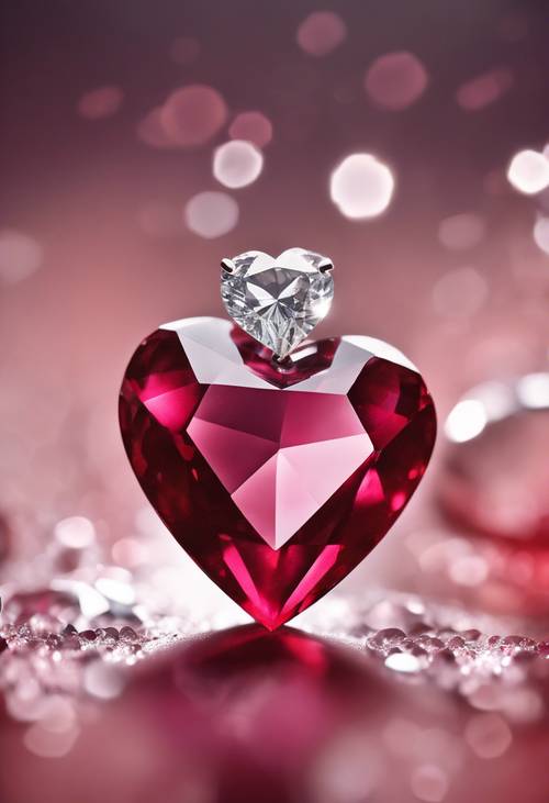 Batu delima berbentuk hati kemerahan di samping berlian putih berbentuk hati.
