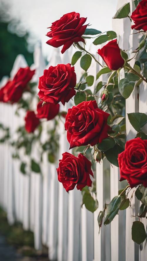Rose rosse drappeggiate su una staccionata bianca