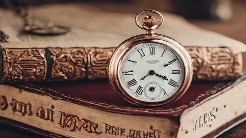 Um relógio de bolso vintage em ouro rosa colocado delicadamente ao lado de um livro antigo sobre uma mesa de madeira.