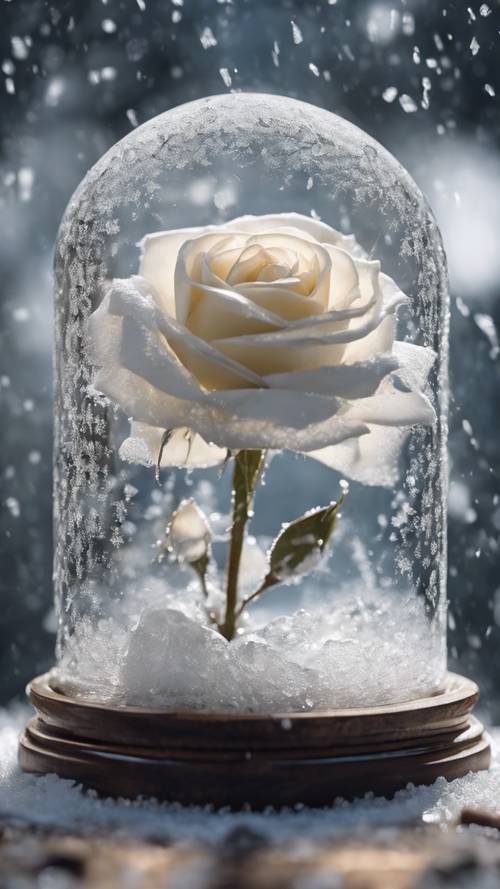 Una delicata rosa bianca congelata nel tempo, racchiusa nel ghiaccio sotto una cupola di vetro spolverata di fiocchi di neve.