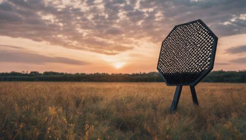 Large black honeycomb sitting solitary in an open field during the dusk.