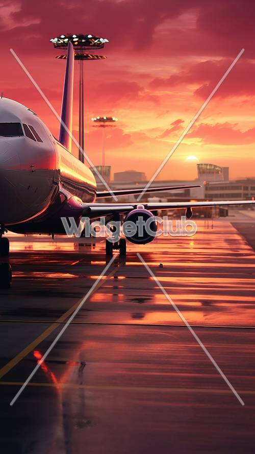 空港で夕日を眺める飛行機の壁紙