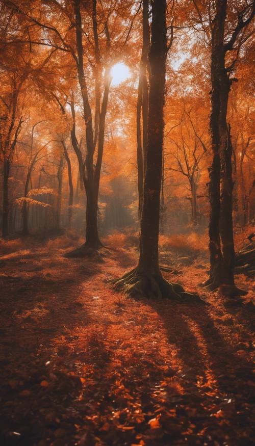 Hutan musim gugur, bermandikan warna emas, oranye, dan merah cerah seiring matahari terbenam.