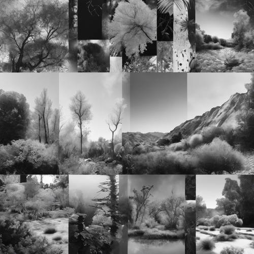 An avant-garde collage featuring various scenes of nature, rendered in eye-catching black and white. Ταπετσαρία [6e99a8e076f448c39982]