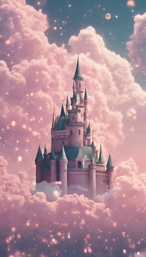 A dreamy pastel-colored galaxy with silhouettes of fantasy castles floating on clouds.
