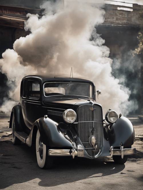 A noir styled scene with an old car emitting syncopating pipes of smoke.