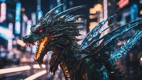 A cyber dragon made of data streams running through the digital cityscape.