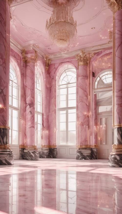 奢华的宴会厅内，粉色和白色的大理石地板反射着阳光