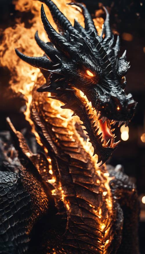 A dark metallic dragon breathing fire at night Tapet [59386009ab414bbcb39c]