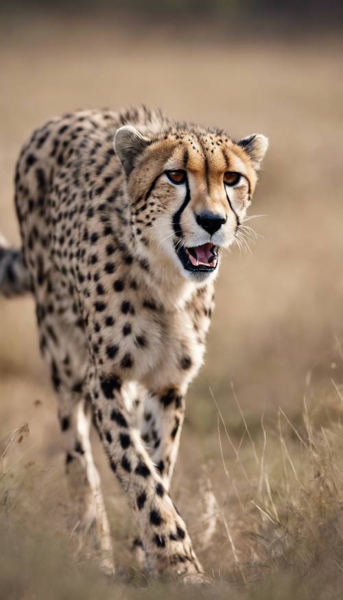 Un ghepardo invecchiato che mette in mostra la sua pelliccia grigia maculata e alterata mentre cammina con grazia nella natura.