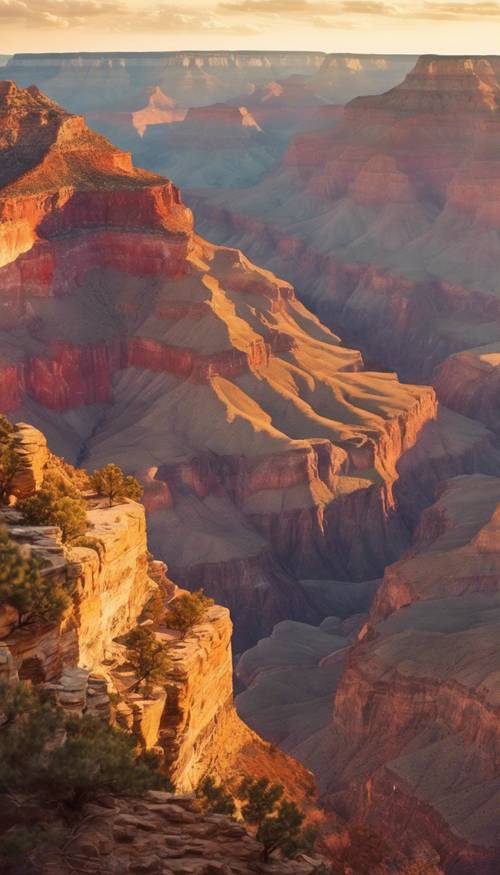 Ein impressionistisches Aquarell des Grand Canyon in der Abenddämmerung, wobei die Sonne warme, strahlende Farben auf die Canyonwände wirft.