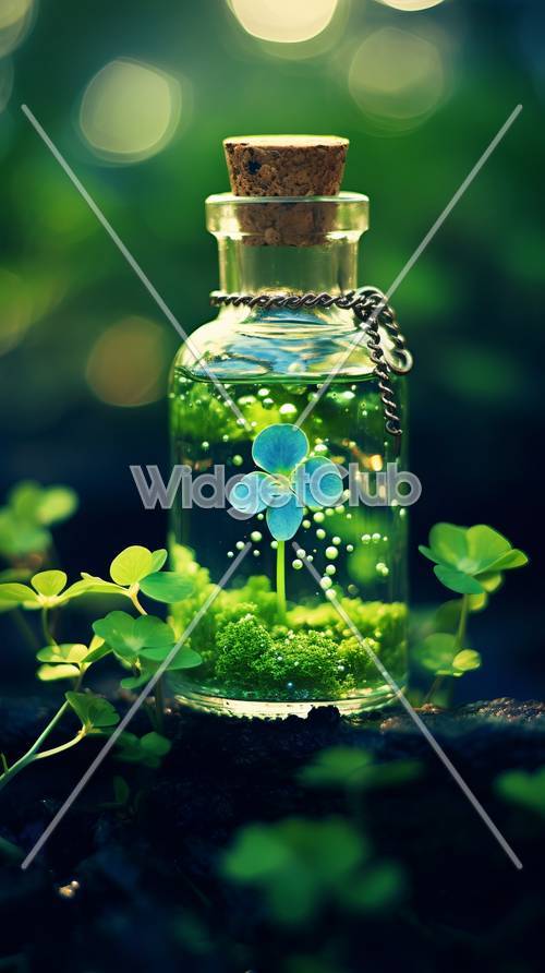 Zauberhafte grüne Flasche mit blauer Blume für Kinder
