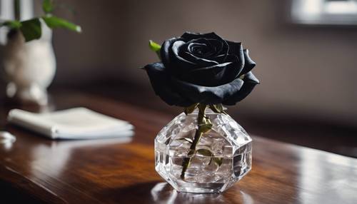 Một bông hồng đen trang nhã đựng trong chiếc bình pha lê đặt trên bàn gỗ gụ.
