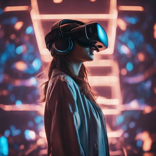 A young woman fully immersed in a virtual reality game with futuristic backdrop.