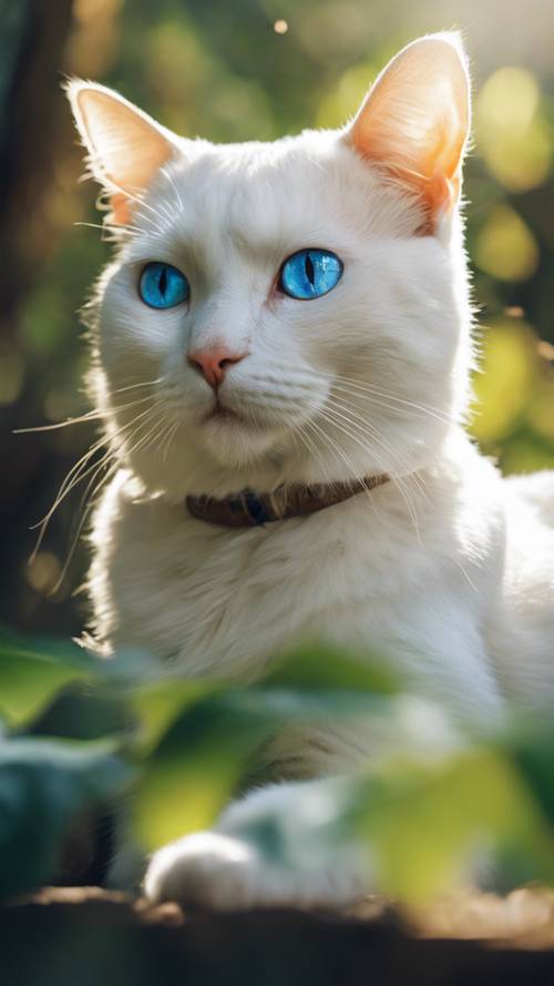 חתול לבן מבוגר עם עיניים כחולות בולטות, מתחמם באור השמש המנומר המסנן מבעד לעלים.