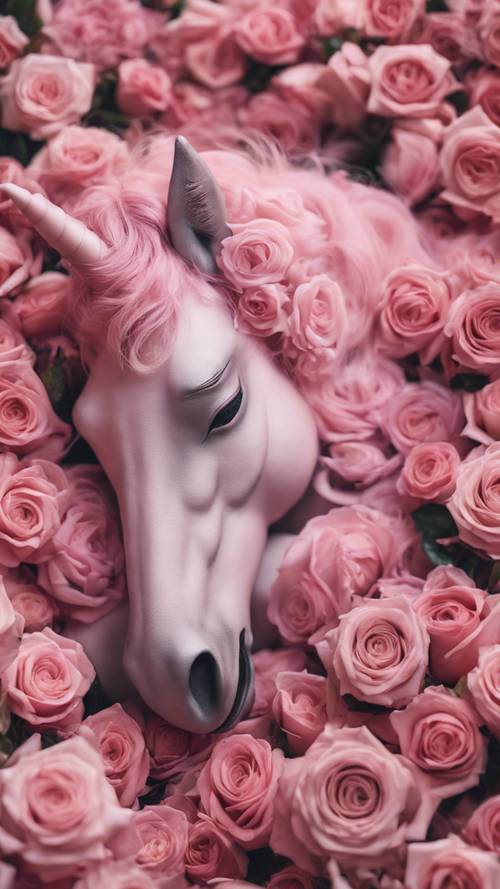 Ein kleines rosa Einhorn, das friedlich in einem Bett aus Rosen schläft.