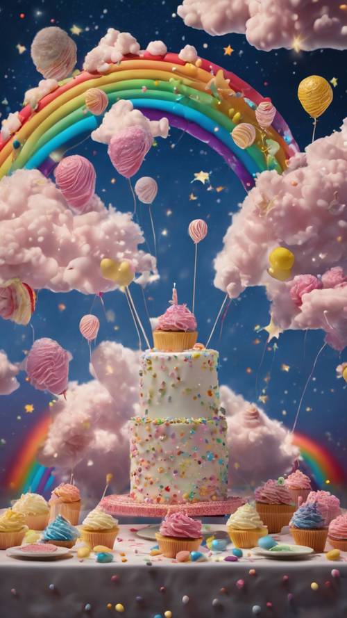Representasi nyata dari pesta ulang tahun dengan kue terapung, permen di tengah awan halus, dan pelangi yang disandingkan secara sumbang dengan langit malam berbintang.
