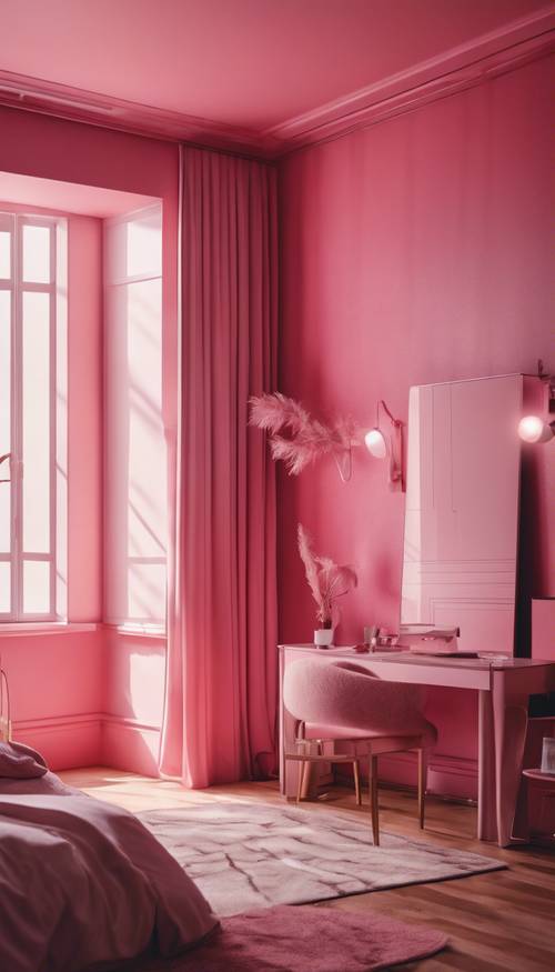 Estetyczna sypialnia z różowymi ścianami i czerwonymi akcentami.