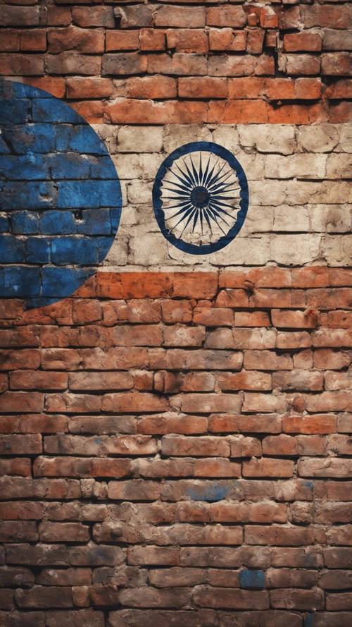 An Indian flag animatedly painted on a vintage brick wall.