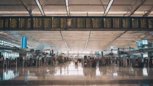 분주한 공항 터미널, 항공편 정보 표시 화면이 무작위로 깜빡이며 애니메이션 대사를 보여준다.