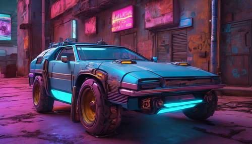 A four-wheeled cyberpunk vehicle with glowing blue edges, sitting in a desolate alley.