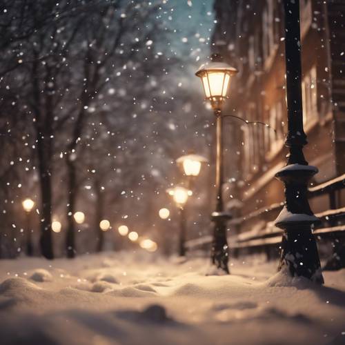 Snowflakes falling gently on a quiet street illuminated by vintage lamplights.