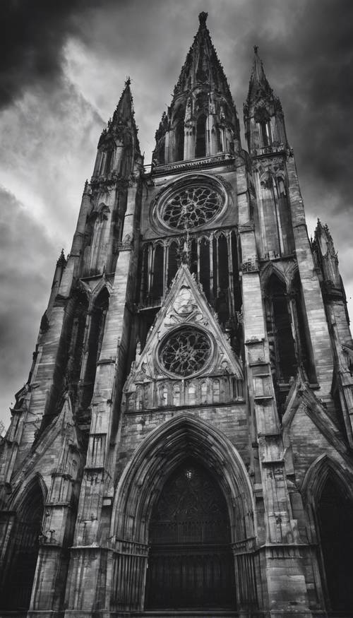 Fırtınalı bir gökyüzünün altında siyah beyaz bir gotik katedral.