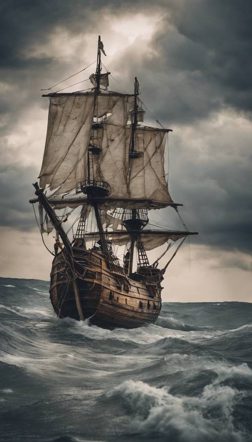 폭풍우가 몰아치는 하늘 아래 거친 바다를 항해하는 소박한 목조 해적선.
