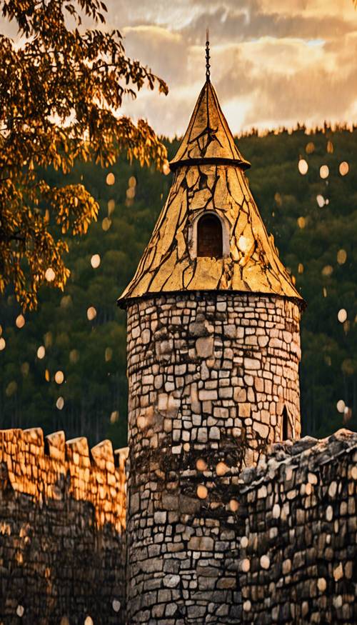 A medieval castle tower glowing under the light gold of the setting sun.