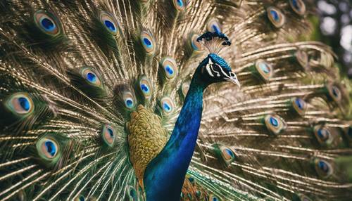 Seekor burung merak dalam tampilan penuh, warnanya yang mempesona menonjol di taman Inggris.
