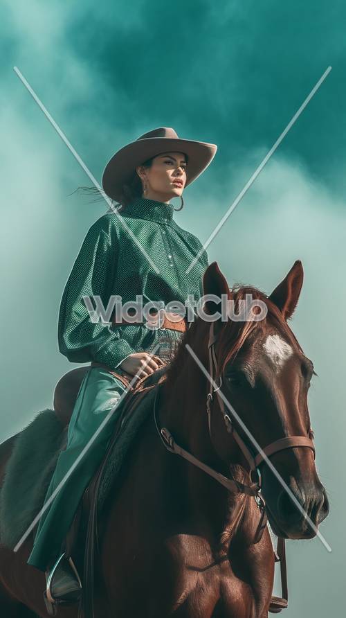 Cowgirl élégante et cheval sous le ciel bleu