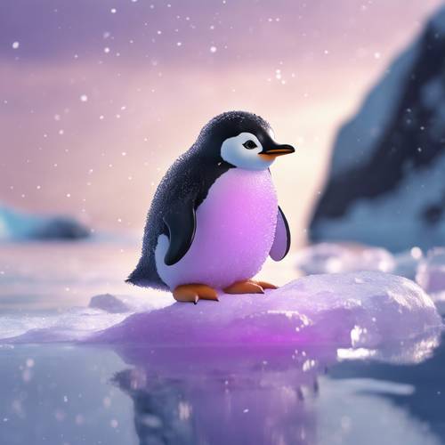 Penguin kawaii menggemaskan dengan perut ungu muda meluncur menuruni gunung es.