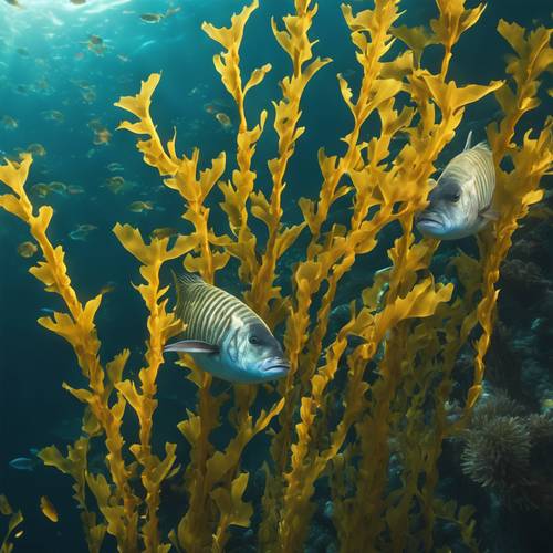 An underwater scene of vibrant kelp forests teeming with fish. Tapet [8fed403ab5c0457dae51]