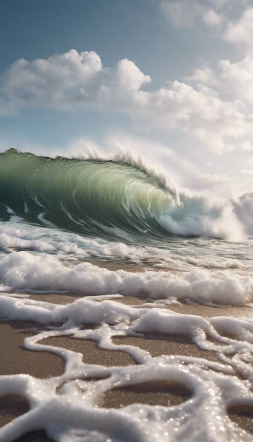 Тихая пляжная сцена с огромной волной цунами, зловеще катящейся к береговой линии под ясным небом.