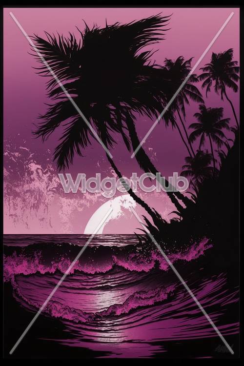 Фиолетовый пляжный закат с пальмами
