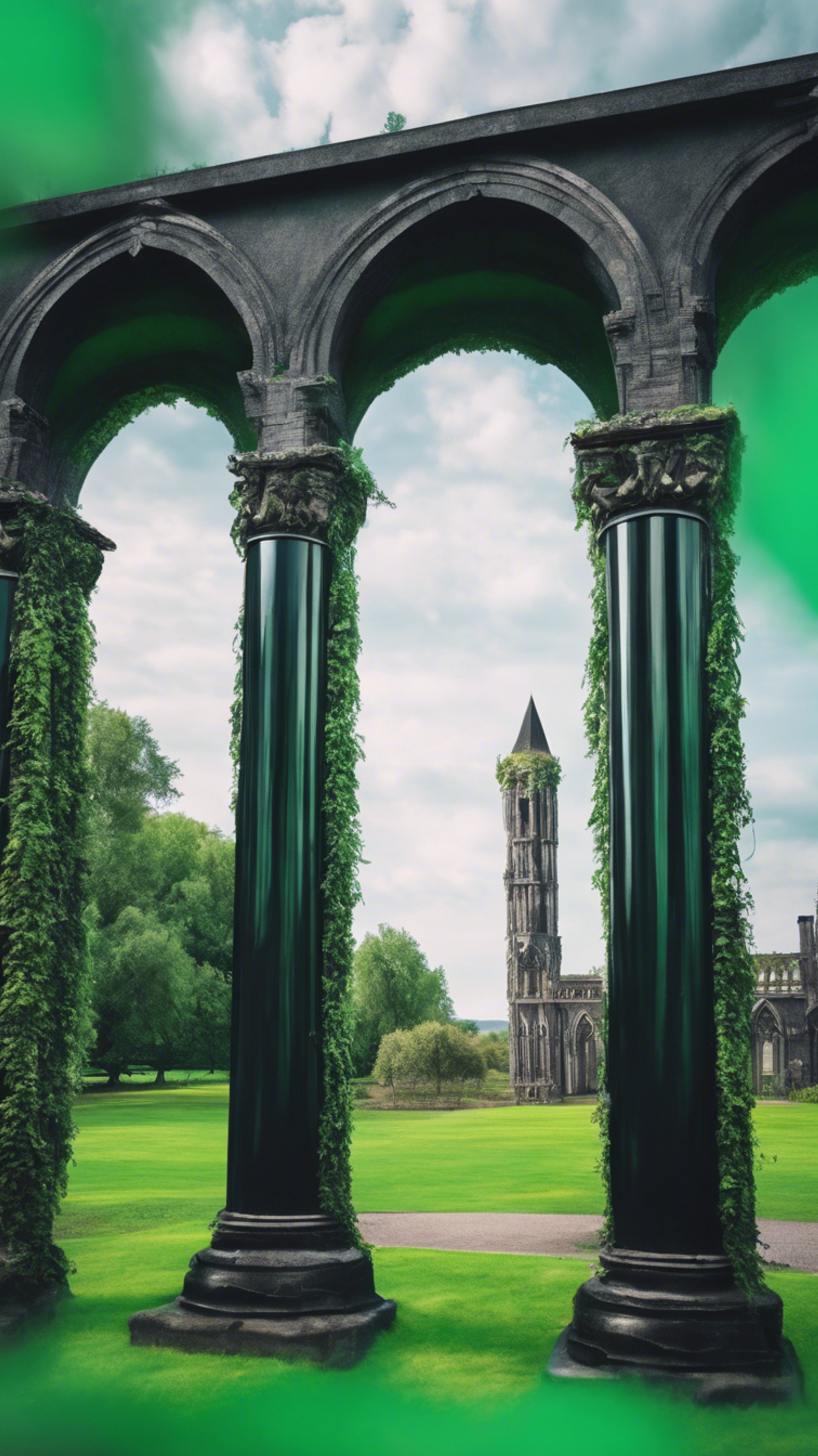 Dramatic black pillars of a gothic structure against a vibrant green background. Wallpaper[e6ecc8271c0847059e9c]